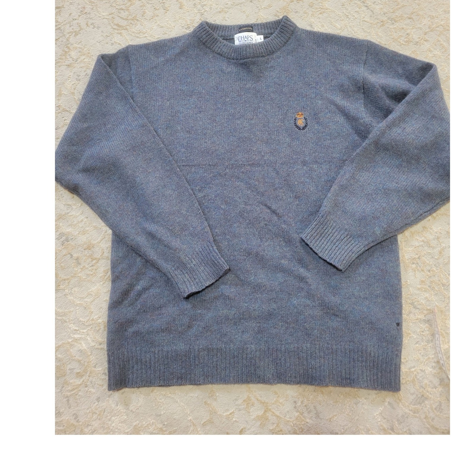 Chaps Ralph Lauren Vintage Blue Shetland Wool Crewneck Sweater Crest Logo Mens L